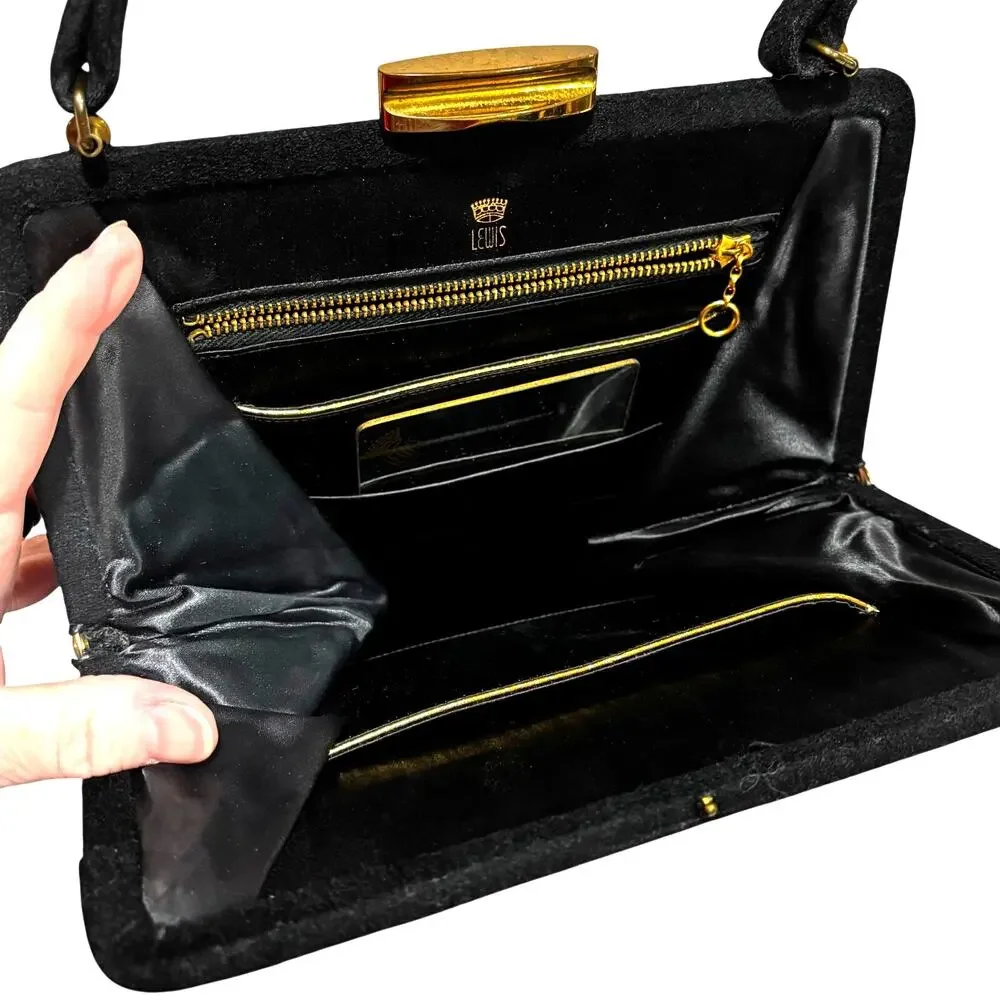 Vintage black felted wool pocketbook by Lewis a top handle purse 1950’s handbag